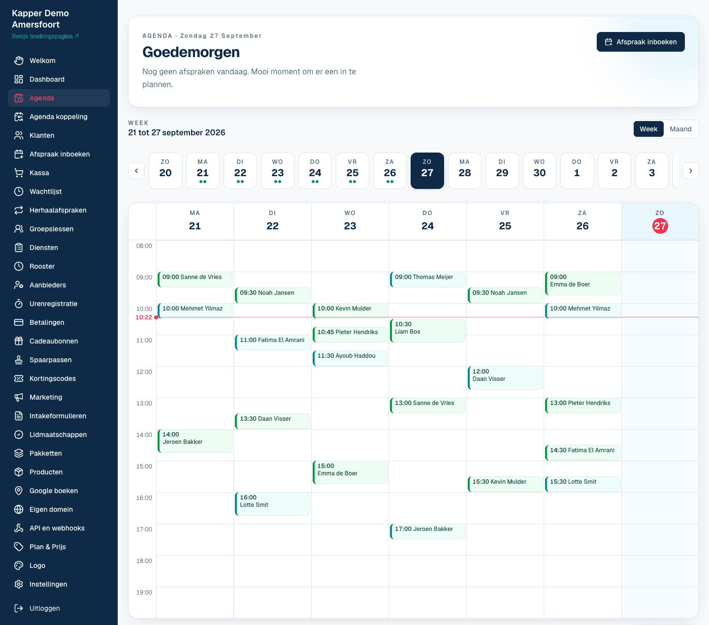 De agenda van Klanttijd op de computer, met de boekingen van de week per medewerker