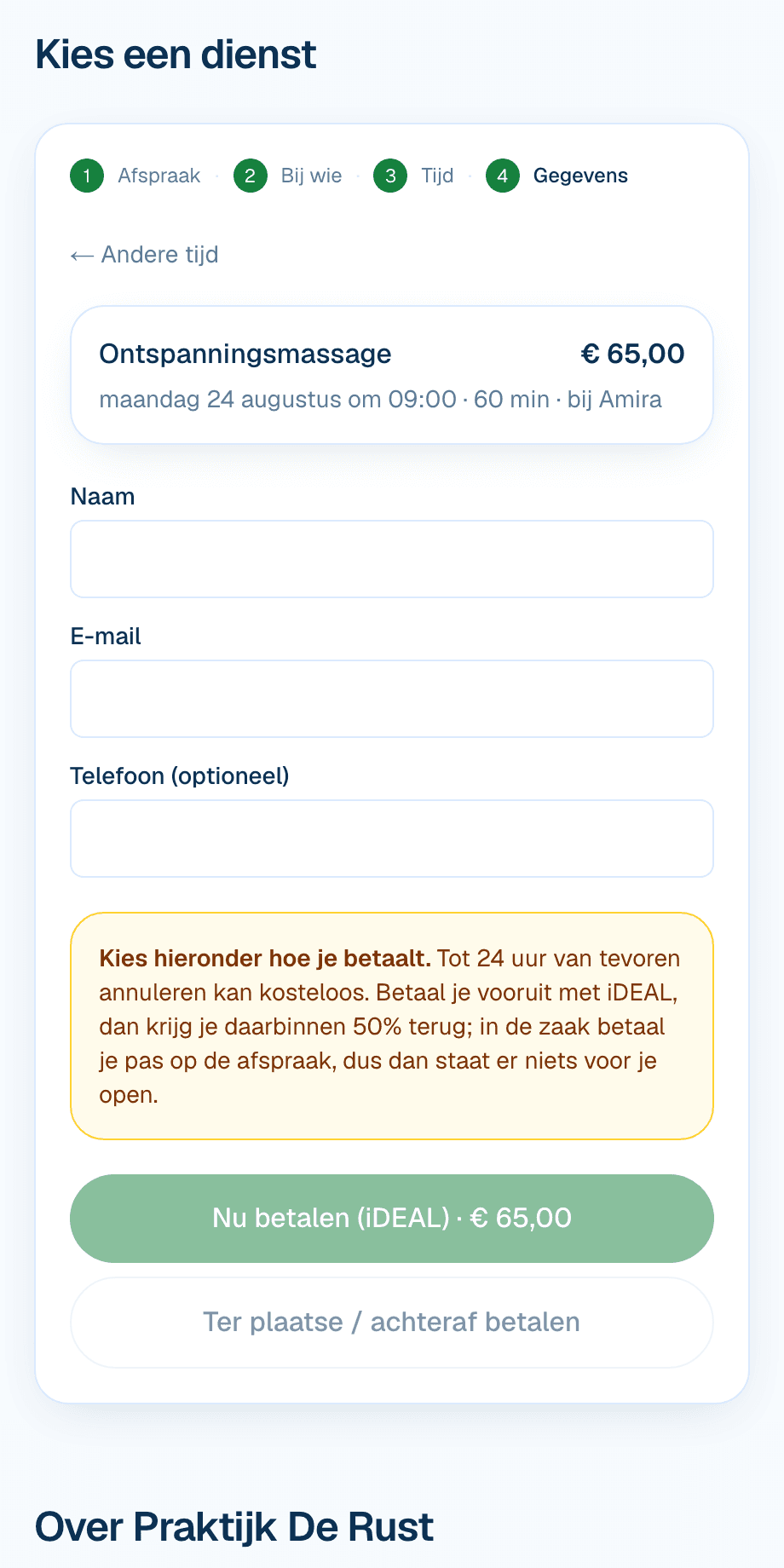 Boeking afronden, met de keuze tussen in de zaak betalen en iDEAL