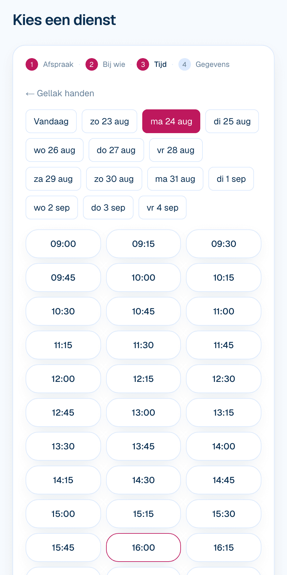 Klant kiest een tijd: alleen vrije tijdslots zijn zichtbaar